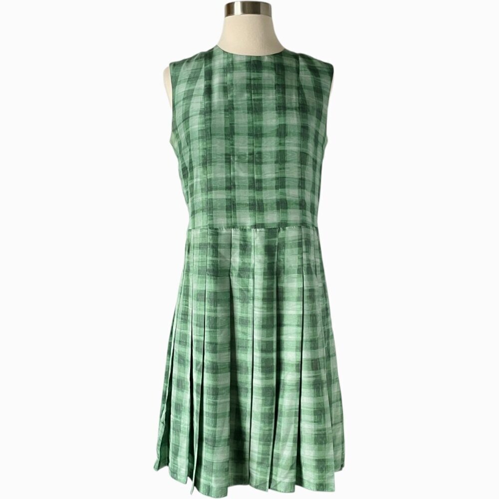 Marc Jacobs Green Plaid Silk Pleated Sleeveless Dress Size 4 - Picture 8 of 8